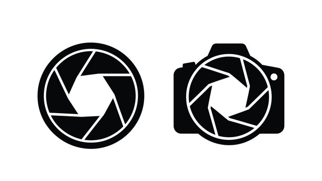 Black and white camera aperture and camera icons simple vector design