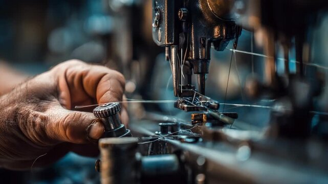 Closeup medium shot of a sewing machine operator manually adjusting thread tension knob to achieve precise stitch quality on fabric.