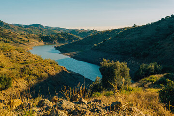 Slope with olive trees in sunlight overlooking a valley with river under a blue sky. Almogia, Malaga, Andalusia, Spain.