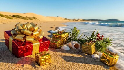Sunlit tropical beach gifts scatter along the shoreline with wrapped presents and pineapples.