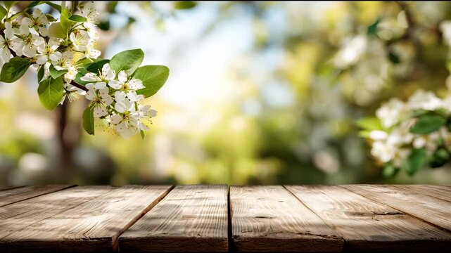 Explore a Garden With Blooming Flowers and Wooden Tables Under the Sun in Springtime