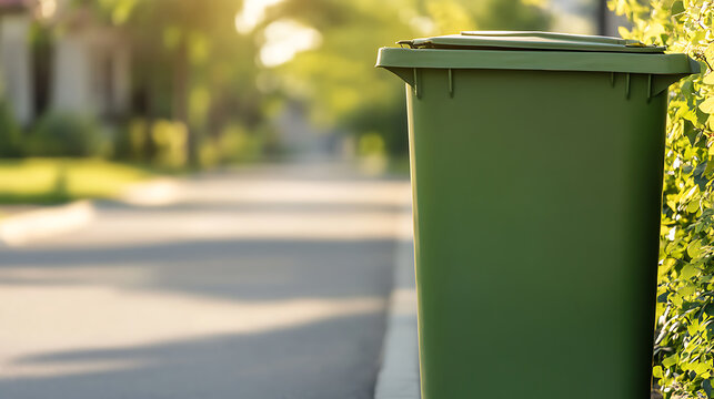 A green recycling bin stands on the curb next to greenery, bathed in soft sunlight. The residential street provides a blurry background. Focus is on the container.