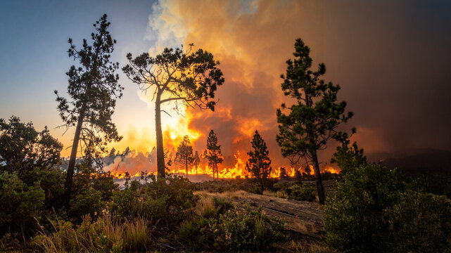 Raging wildfire consuming a pine forest with thick smoke and orange flames. Silhouette of trees against the fire, representing climate crisis and environmental disaster.