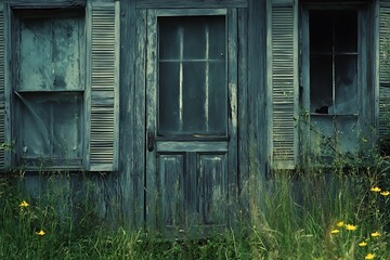An abandoned farmhouse with weathered wood, broken shutters, and tall grass reclaiming the front yard 