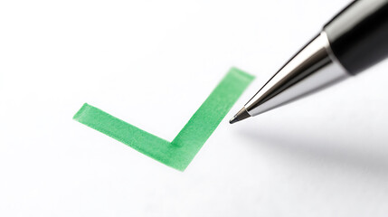 A pen hovers near a checkmark on a white sheet, symbolizing completion or agreement. The composition is simple, emphasizing the act of validation. An affirmative decision.