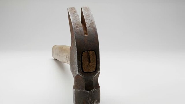 Close up of a worn claw hammer head with wooden handle in a workshop setting.