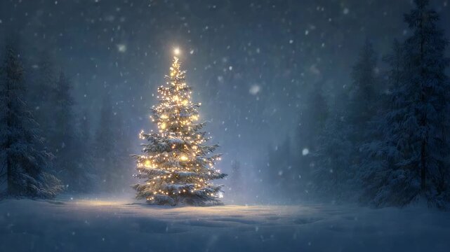 Festive christmas tree with warm glowing lights in snowy forest at night creating peaceful winter holiday atmosphere celebration magic seasonal outdoor background