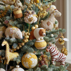 Unique animal ornaments on a decorated Christmas tree with gold accents and various colorful decorations