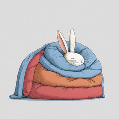 Rabbit sleeping on cozy blankets in a simple indoor setting during daytime
