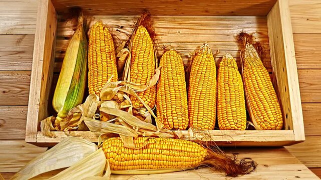 Rows of vibrant yellow corn cobs stacked inside a wooden crate under soft natural light. The composition captures the warmth of the harvest and the wholesome appeal of freshly 