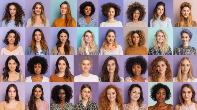 A lot of young and old women are looking at the camera, in the form of a collage. Businessmen, students, looking at the camera, using a video calling app to communicate.
