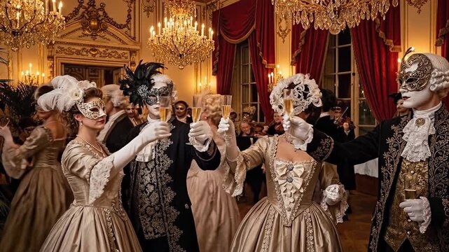 Elegant masked ball with elaborately dressed guests in a lavish 18th century style ballroom.