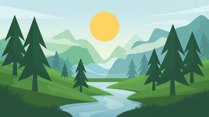 Green forested valley with winding river and distant mountains under a bright yellow sun trees