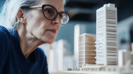 Architect with architectural model: An older woman with glasses intently examines a scale model of buildings, possibly designing or refining an architectural project.