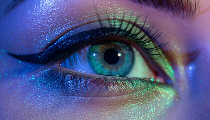 Close Up of Colorful Eye Makeup with Glitter and Dramatic Lighting