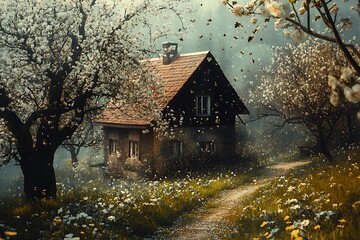An orchard farmhouse surrounded by blooming fruit trees, bees buzzing lazily through the fragrant air 