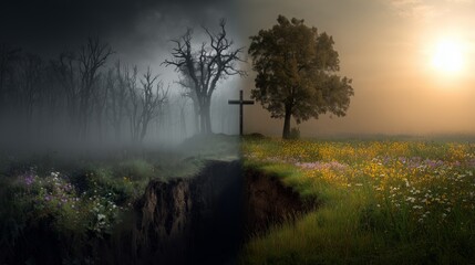 Contrast between darkness and light showing Jesus on the cross surrounded by nature and trees at sunrise or sunset