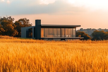 An ultra-modern farmhouse design with large glass walls overlooking fields of tall golden grass 