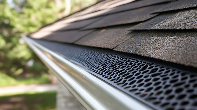 A close-up shows the roof and a gutter guard installed on the gutter system, protecting it from debris, enhancing water flow and safeguarding the house structure. Clean aesthetics are crucial.