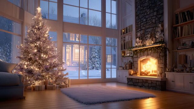 Cozy christmas living room with glowing fireplace decorated tree and warm lights creating festive winter atmosphere perfect as visual background for holiday music playlist and seasonal relaxation