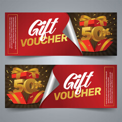 Sale Coupon Voucher. 50 percent promotion banner. Tag label, discount coupon. Gift voucher 50% off 