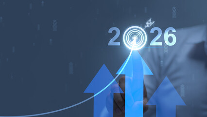 2026 business financial plan market concept, performance of profit growth on 2026, education trend up finance on growth graph money revenue, Businessman analyzes profitability of working