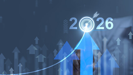 2026 business financial plan market concept, performance of profit growth on 2026, education trend up finance on growth graph money revenue, Businessman analyzes profitability of working