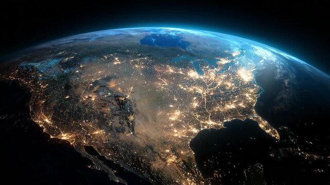 Satellite view of north america glowing at night with dense city lights illustrating global infrastructure connectivity technology energy consumption and human presence on planet earth