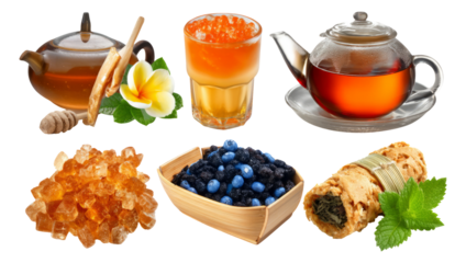 Traditional Tea Ceremony Elements with Tea, Sweets, and Fresh Ingredients on Clear Background