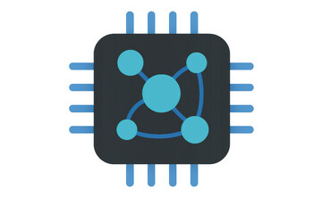 Cpu chip graphic with connected nodes and lines, representing ai, machine learning, and data processing on transparent background