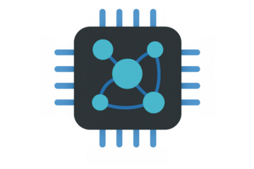 Cpu chip graphic with connected nodes and lines, representing ai, machine learning, and data processing on transparent background