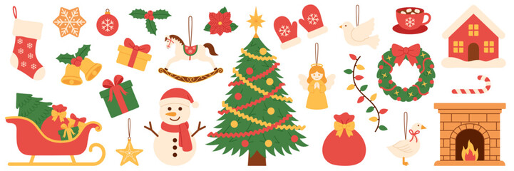 Fototapeta premium Festive Christmas illustration set: tree, snowman, wreath, gifts, fireplace, decorations, cozy winter elements. For scrapbooking, card, packaging, stickers, kids, seasonal, holiday design. Hand drawn.
