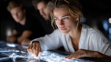 A woman is looking at a screen with her finger on it