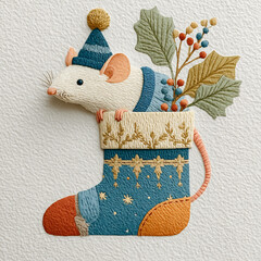 Mouse in a decorative Christmas stocking with festive plants and a cozy winter theme placed on paper background