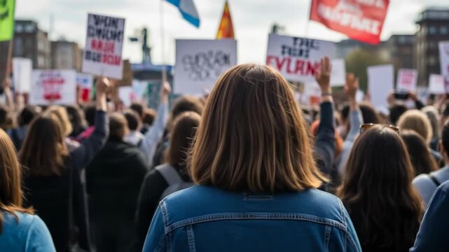 Crowd of protesters gather in city streets advocating for social change and justice.