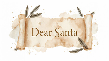 Letter to Santa on a scroll with decorations and a warm background during the holiday season