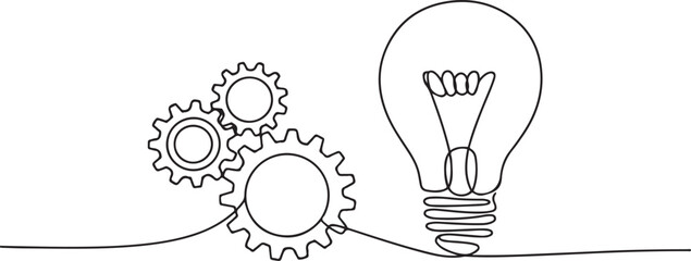 Single continuous line symbol of machine wheel gears and light bulb vector illustration.one line  vector illustration  with out background