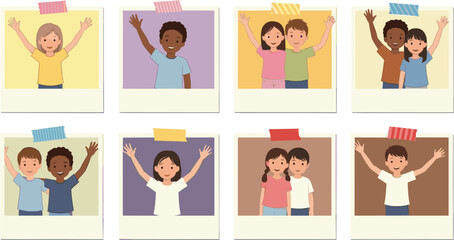 Happy children photo frames collection with diverse kids waving and smiling, cute childhood memories and friendship vector illustration