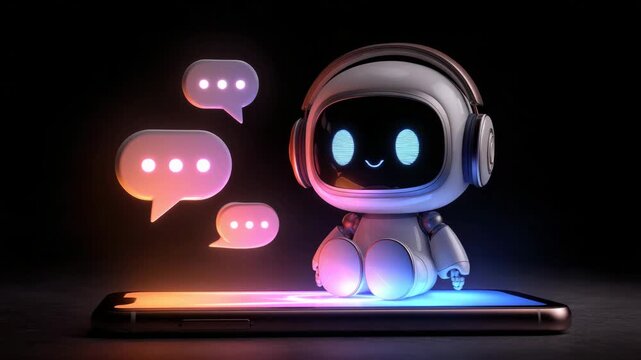 Cute ai robot assistant sitting on smartphone with glowing chat bubbles representing artificial intelligence chatbot communication digital support automation and friendly virtual technology concept