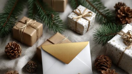 Christmas envelope mockup surrounded by wrapped gifts pine branches and cones creating elegant festive composition for holiday greeting card invitation branding and seasonal message concept - Powered by Adobe