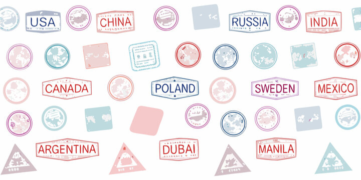 Collection of colorful travel stamps representing various countries around the world