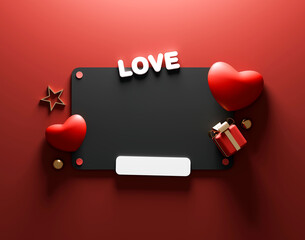 3D Valentine's Day vertical black frame mockup with red gifts and hearts.