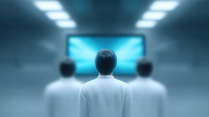 A man is standing in front of a television with two other men behind him