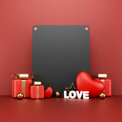 3D Valentine's Day vertical black frame mockup with red gifts and hearts.