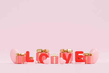 3D Valentine's Day LOVE typography with pink gift boxes and hearts.