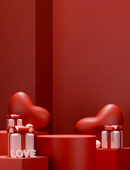 3D Valentine's Day podium with red hearts and gift boxes.