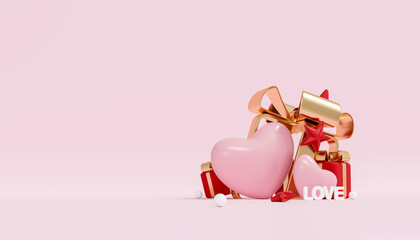 3D Valentine's Day pink heart and red gift box on pink background