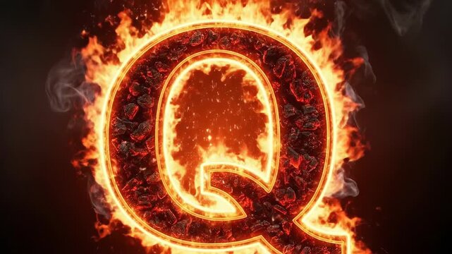 Fiery, glowing letter Q design featuring flames and a radiant ring for dramatic digital art.