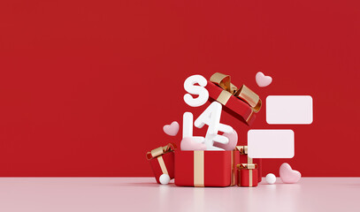 3D Valentine's Day sale concept with SALE text popping out of gift box.