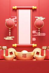 3D render of Chinese New Year blank scroll mockup with gold ingots